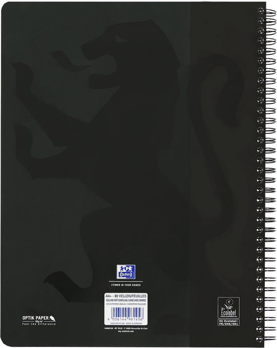Bloc-notes Oxford noir avec grand imprimé de lion gris. Le dessous avec logos, code-barres et EU Ecolabel.