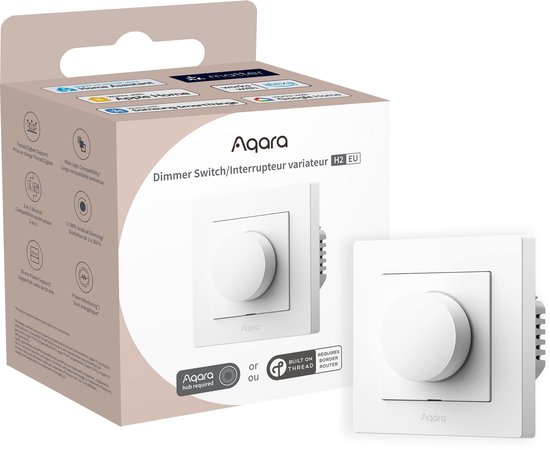 Aqara dimmer schakelaar in verpakking, met de dimmer ernaast.
