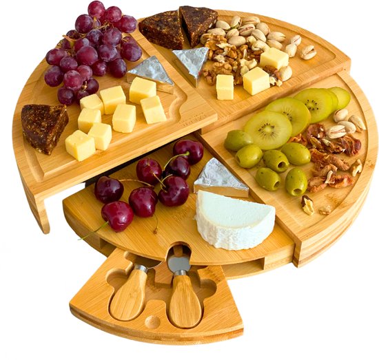 Planche à tapas Lardic® - Planche de service ronde - Planche à boissons en bois - Planche à fromage - Ronde - Planche à collation - Avec Couteaux à fromage et bols à trempette - Bamboe - 4 couches