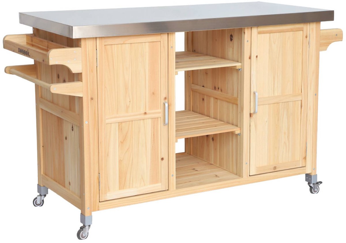 sweeek - 130 cm dennenhouten barbecue dressoir met handgrepen, 4 wielen en 7 opbergruimtes, l 130 x b 60 x h 89,5cm