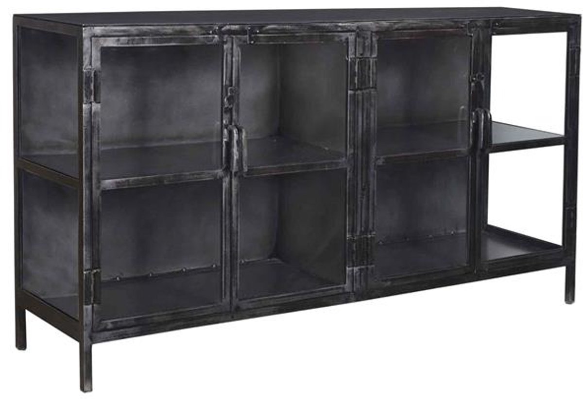 Dressoir Kasten Zwart (180cm x 40cm x 92cm) - Industrieel Mangohout Kast - TV meubel - TV kast - Landelijk Modern Vintage Zwart Kasten - Opbergkast met deuren Woonkamer