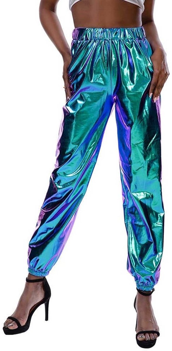 Blauw Metallic Glanzende Dames Broek - Trendy - Glitter - HipHop - Hoge Taille