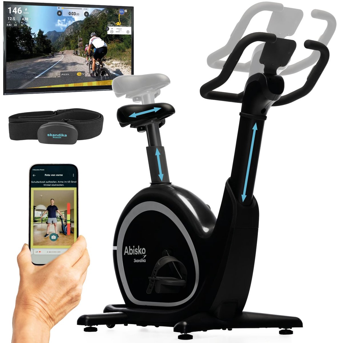 Skandika Abisko Ergometer – Hometrainer – Wereldprimeur - Premium EMS weerstand, slimme hometrainer app controle, automatische stuur- en zadelverstelling, 36 weerstandsniveaus, bluetooth, computer display – 106 x 57.5 x 123 cm (LxBxH) - zwart