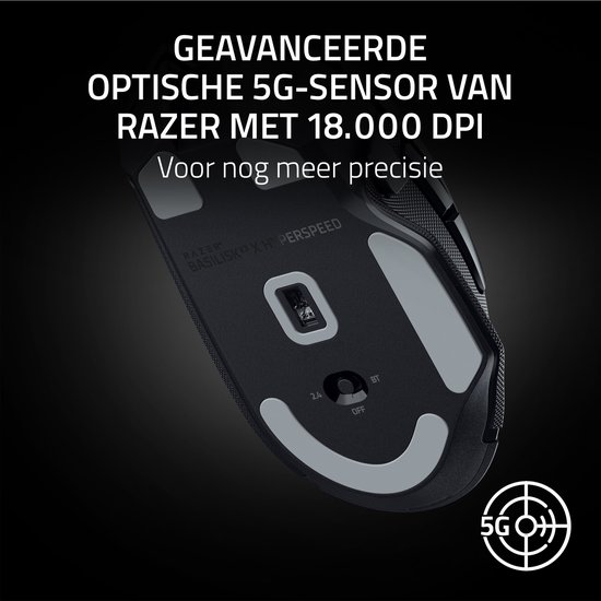 Onderkant van de zwarte Razer gaming muis, met de 5G-sensor en de aan/uit-schakelaar. Tekst in het Nederlands.