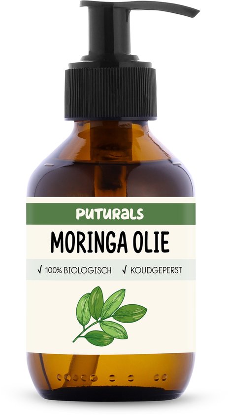 Bruine glazen fles met pompje, Puturals Moringa Olie. Label met '100% biologisch, koudgeperst'.