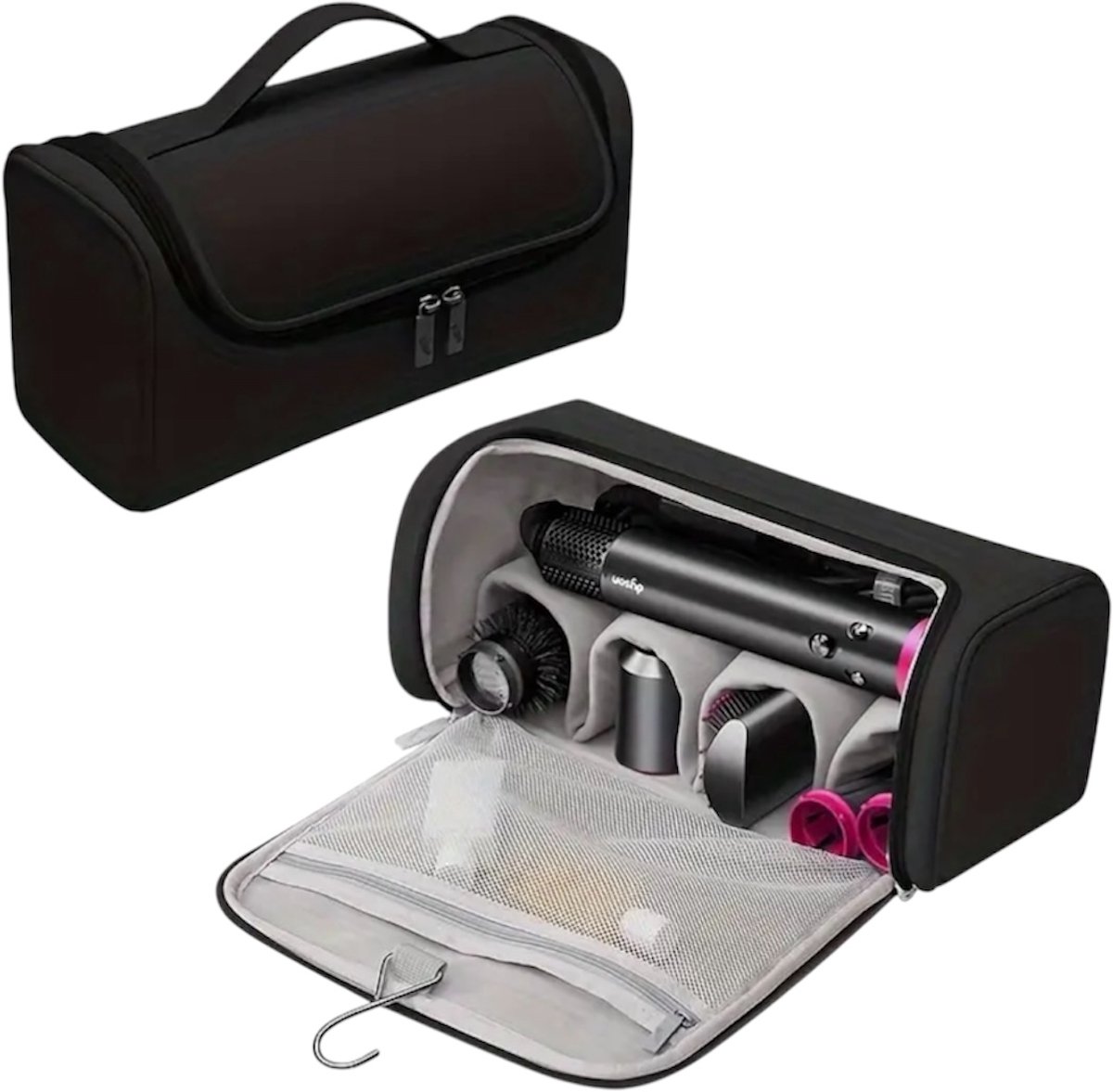 Twenty Two™ Opbergtas voor föhnborstel |krultangen |opzetstukken |draagbare toilettas voor haaraccessoires |geschikt voor Dyson Airwrap fohnborstel |toilettas met ophang haak voor dames | veel vakken, ritssluiting |vakantie, camping, hotel | zwart