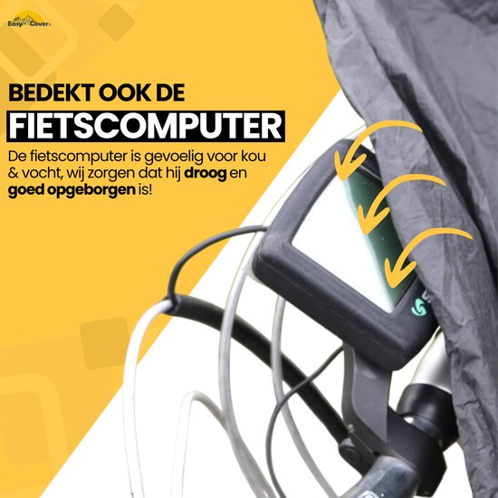Fietscomputer bedekt met een grijze hoes. Pijlen wijzen naar het scherm.