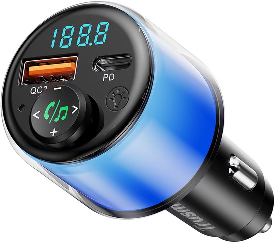 Zwarte Trusmi FM-transmitter met led-scherm, blauwe sfeerverlichting en bedieningsknop.