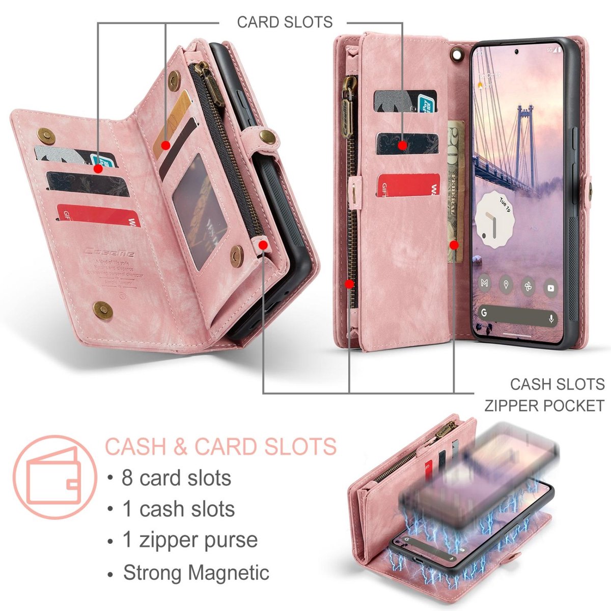 CaseMe Telefoonhoesje geschikt voor Google Pixel 9 Pro XL Hoesje | CaseMe 008 Uitneembare 2in1 Bookcase Portemonnee | Pasjeshouder voor 8 Pasjes | Telefoonhoesje voor Pinpas / OV Kaart / Rijbewijs - Roze