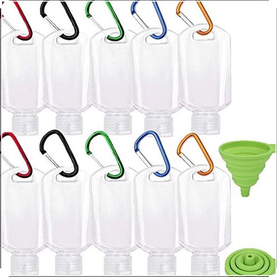 Lot de 10 bouteilles vides en plastique de 50 ml pour savon, shampoing, gel douche et échantillons. Format voyage. Bouteille rechargeable avec mousqueton. Convient pour la maison, le bureau et l'extérieur. Avec entonnoir en silicone.