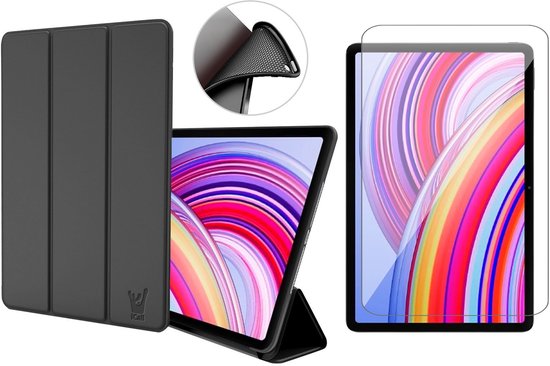 Coque et protecteur d'écran pour Xiaomi Redmi Pad Pro 12.1 / Poco Pad 12.1 - Smart Cover avec support à trois volets - Antichoc - Réveil/ Sleep automatique - Coque arrière en TPU - Zwart