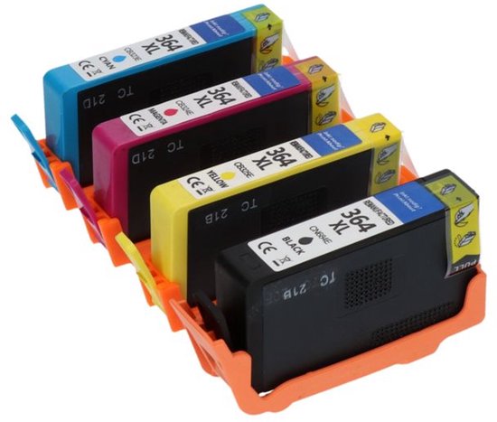 Vier navulbare inktcartridges (zwart, cyaan, magenta, geel) in een oranje houder.