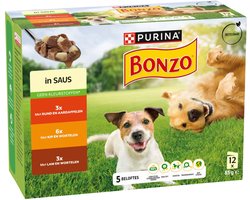 Purina Bonzo (Friskies) met rund, kip, lam in saus maaltijdzakjes natvoer hond 12x 85g