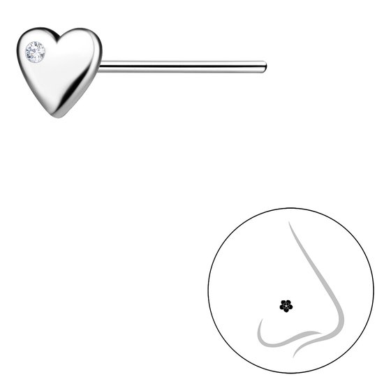Zilverkleurige neuspiercing met hartje en zirkonia, getoond op een neus.