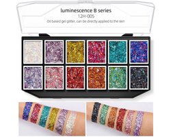 12 Kleuren Glitter Set – Chunky Festival Glitters voor Gezicht & Lichaam – Glittergel Palet met Goud, Zilver, Groen, Roze, Rood – Voor Schmink, Kinderen & Feest