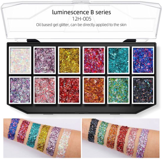 12 Kleuren Glitter Set – Chunky Festival Glitters voor Gezicht & Lichaam – Schmink-Glittergel Palet met Goud, Zilver, Groen, Roze, Rood – Voor Schmink, Kinderen & Feest