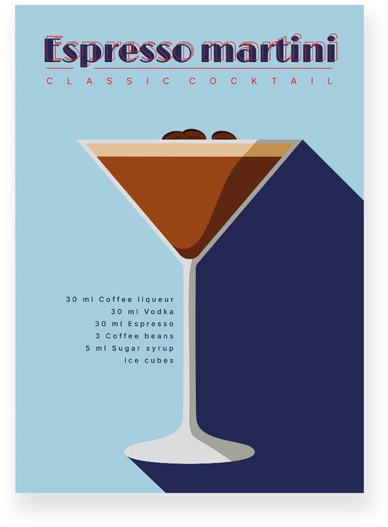 Poster 20x30 cm - Espresso Martini - Cocktail Recept - Bruin - Blauw - Retro - Art deco - Muurdecoratie - Wanddecoratie