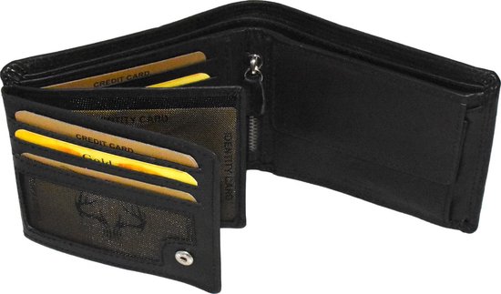 Zwarte lederen portemonnee, opengeklapt met meerdere creditcards en een vak met doorzichtig raster.