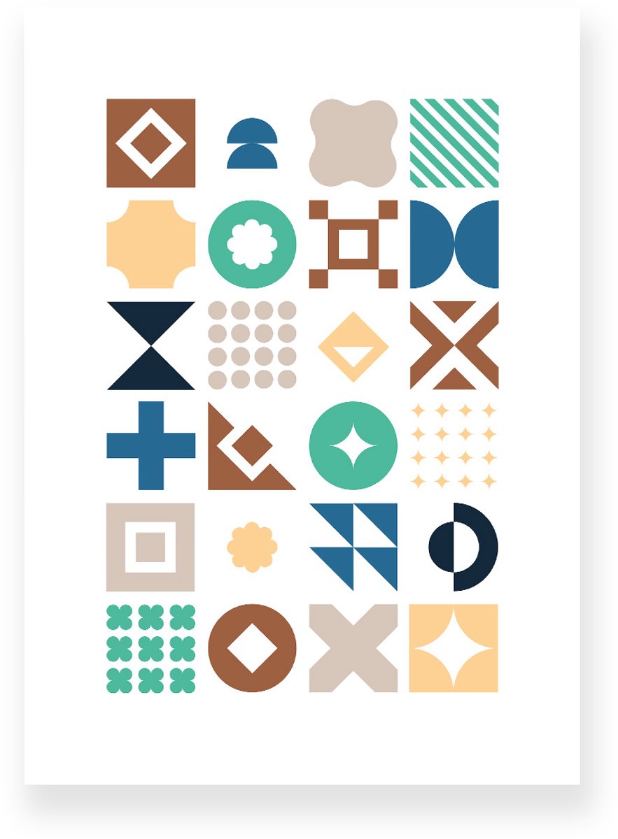 Poster 50x70 cm - Geometrische Vormen - Blauw - Bruin - Beige - Abstract - Vintage - Muurdecoratie - Wanddecoratie