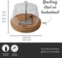 Houten kaasplank met doorzichtige stolp, kaas prikker, kaas rasp en afmetingen.
