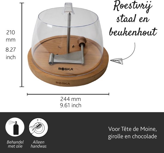 Houten kaasplank met doorzichtige stolp, kaas prikker, kaas rasp en afmetingen.