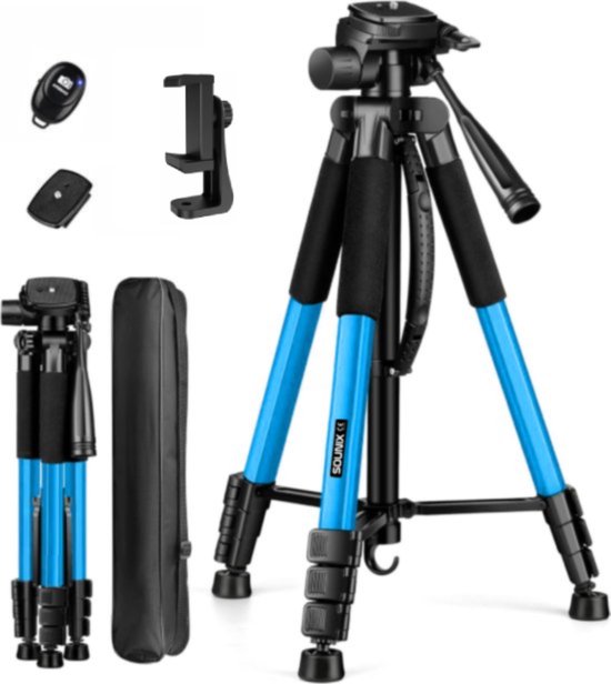 Sounix Camera statief - telefoon statief - 188 cm - Incl. Bluetooth Afstandsbediening - Tripod met Smartphone telefoon houder - tripod smartphone - Aluminium - Blauw