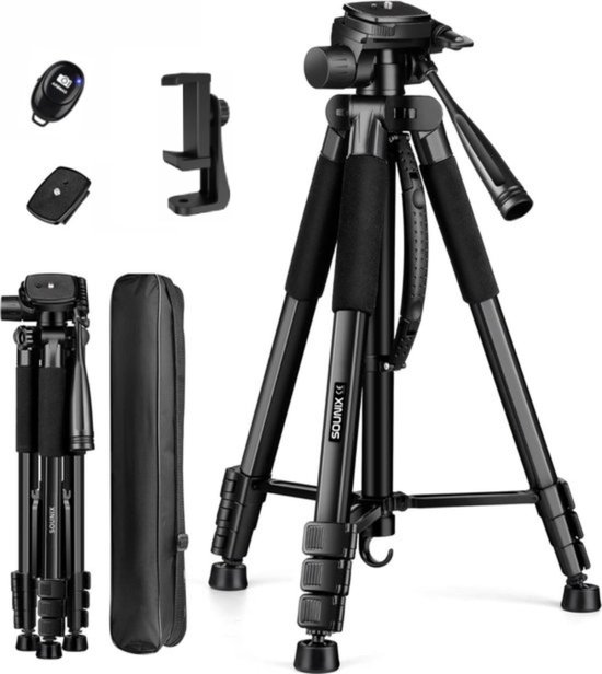Sounix Camera statief - telefoon statief - 188 cm - Incl. Bluetooth Afstandsbediening - Tripod met Smartphone telefoon houder - tripod smartphone - Aluminium - Zwart