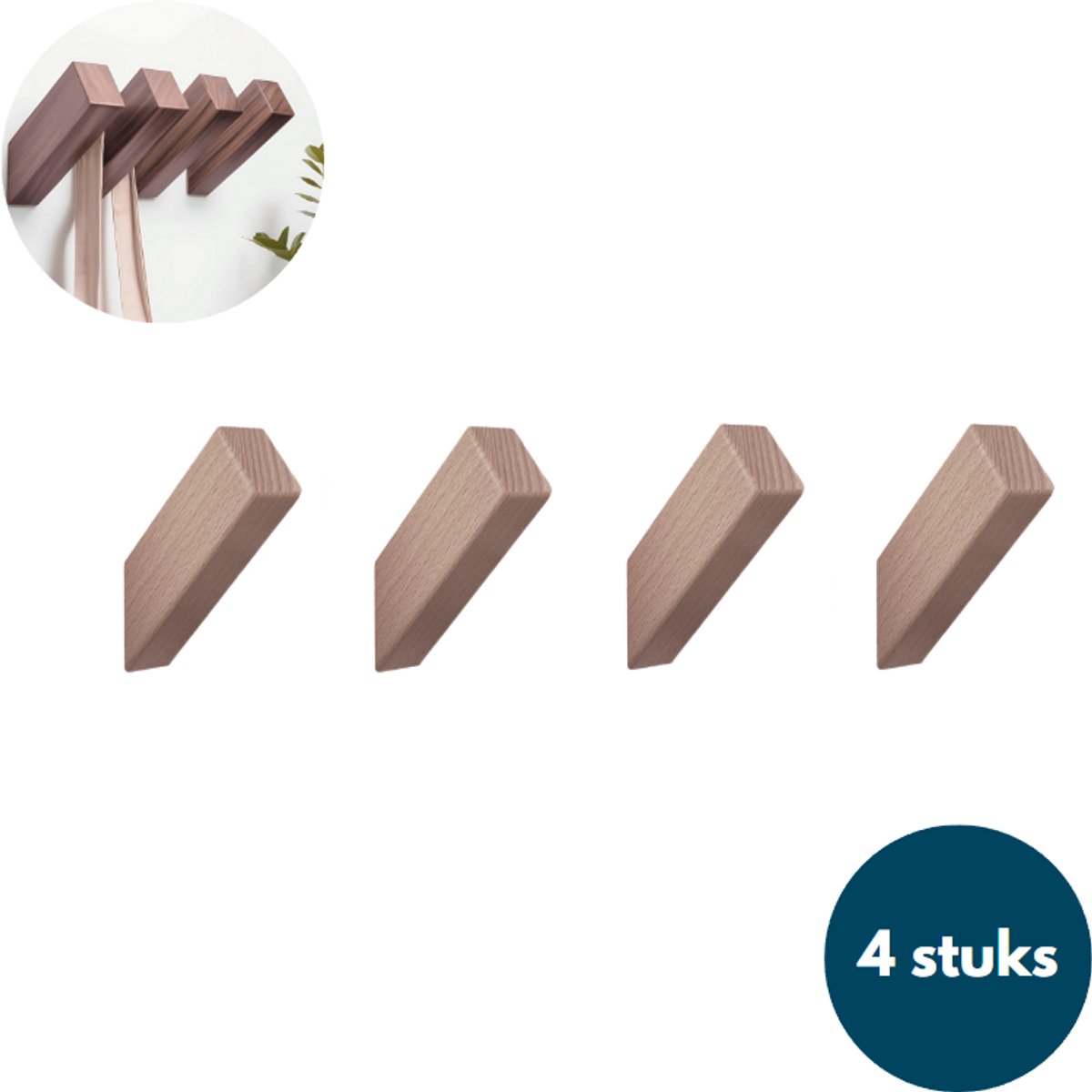 Houten Wandhaken - Vierkante kapstokhaken - Ophanghaken - Handdoekhaken - Jashaken - 4 stuks - Walnoot licht