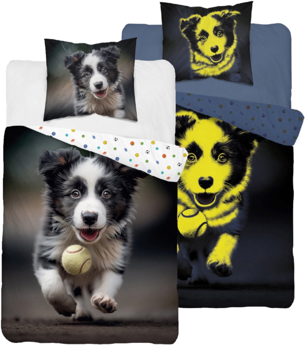 Glow in the dark kinderdekbedovertrek Hond - katoen - 140x200+70x80 cm