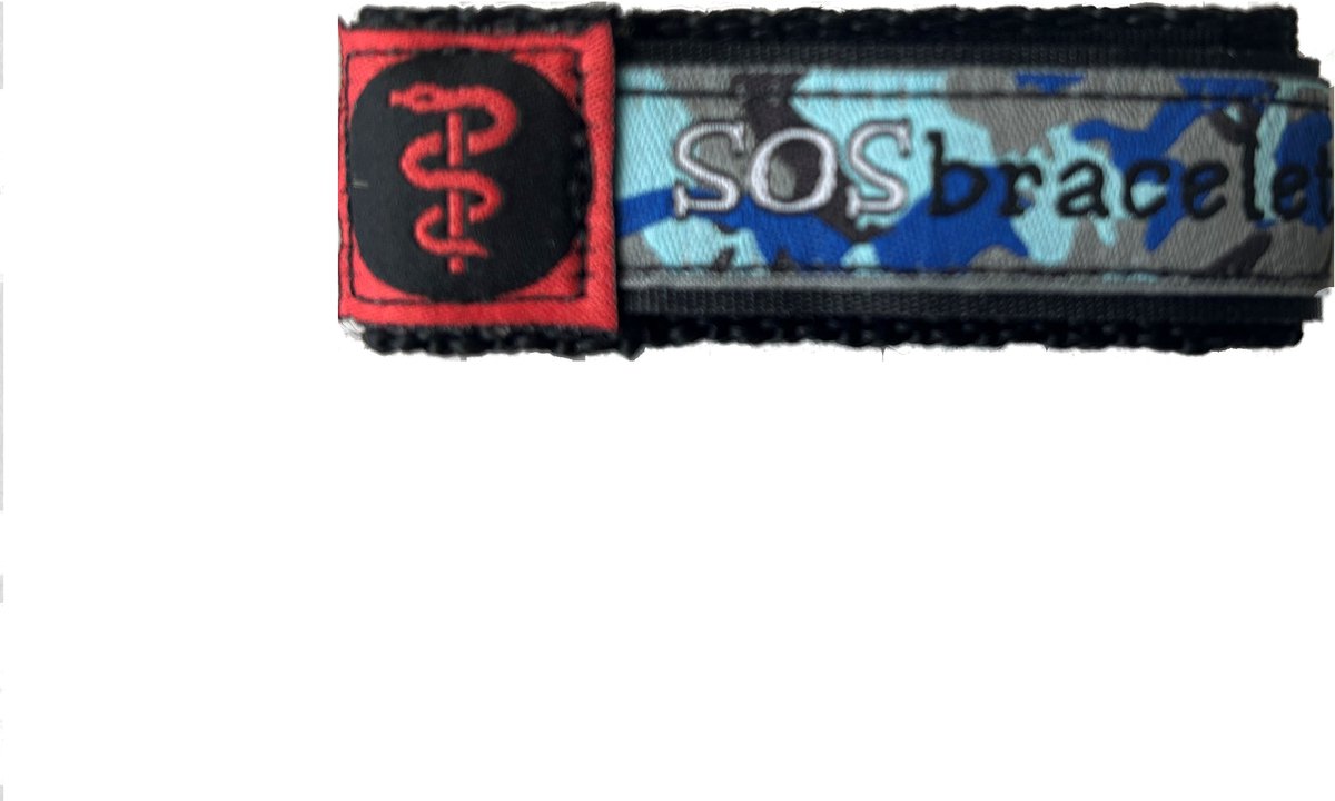 SOSbracelet blauw camouflage medisch LARGE (vanaf 12 jaar en ouder) voor vader zoon vriend vaderdag Valentijn een origineel cadeau voor alle feestdagen kerst en sinterklaas. Vakantie buitenactiviteit sport outdoor watersport hardlopen fietsen hiken