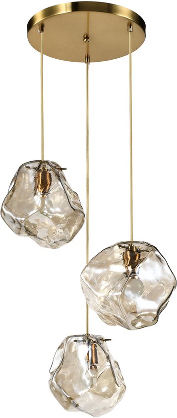 QUVIO Hanglamp ice cubes - Hanglamp - Hanglampen - Hanglamp eettafel - Hanglamp woonkamer - Eettafel hanglamp - Hanglampen goud - 3 lichts - Metaal - Glas - Amber