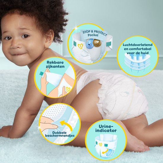Bébé à quatre pattes portant une couche Pampers. Avec 'Côtés extensibles', 'Double barrière anti-fuite', 'Respirant et doux pour la peau', et 'Indicateur d'urine'.