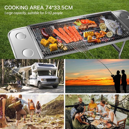 Houtskoolgrill - Barbecue - Tafelbarbecues - Buitenkeuken - Inklapbaar - Draagbare - Staande Grill - voor Buitenkeuken - BBQ - Campingbarbecue - RVS - 33.5x110x71.5cm - Zilver — afbeelding 4