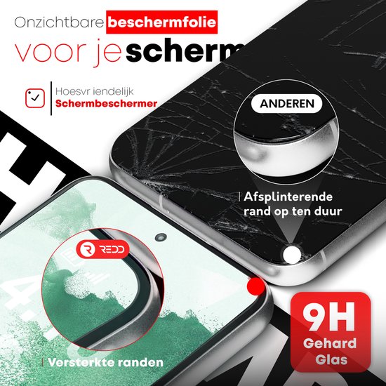 Smartphone met gebarsten scherm naast een smartphone met onzichtbare screenprotector en versterkte randen. Tekst '9H Gehard Glas'.