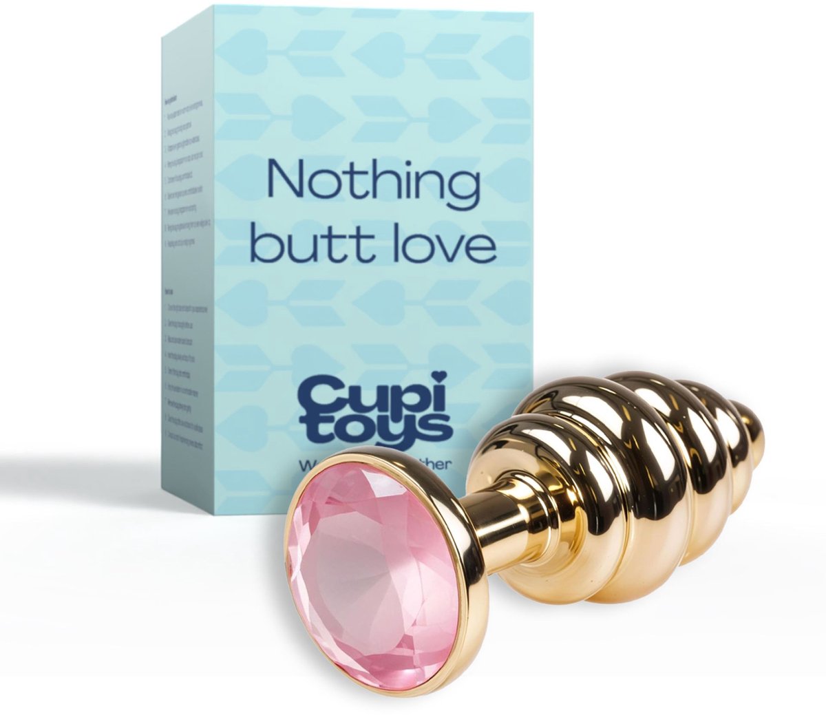 Goedkoopste Cupitoys® Metalen buttplug - Goud - Diamant lichtroze - Geribbeld - Small - Sex toys voor vrouwen - Sex toys voor mannen - Buttplugs