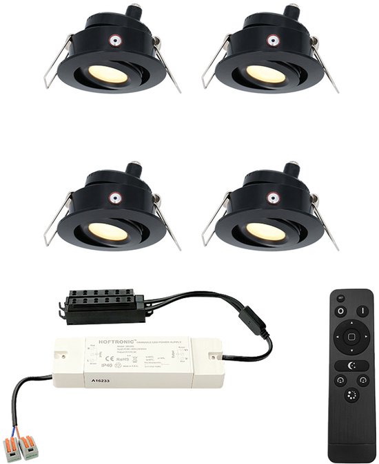 Set van 4 HOFTRONIC Sienna - LED Inbouwspot voor veranda, overkapping en badkamer - Zwart - 12 volt - Incl. afstandsbediening - Dimbaar en kantelbaar - 3 Watt 200 lumen - Zaagmaat: Ø 44 mm - extra plat 30mm - 2700K Warm wit - IP44 waterdicht