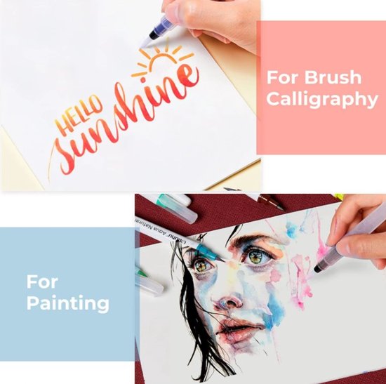 Collage: een pen die 'Hello Sunshine' in kalligrafie schrijft, en een aquarelportret van een vrouw met blauwe en roze tinten.