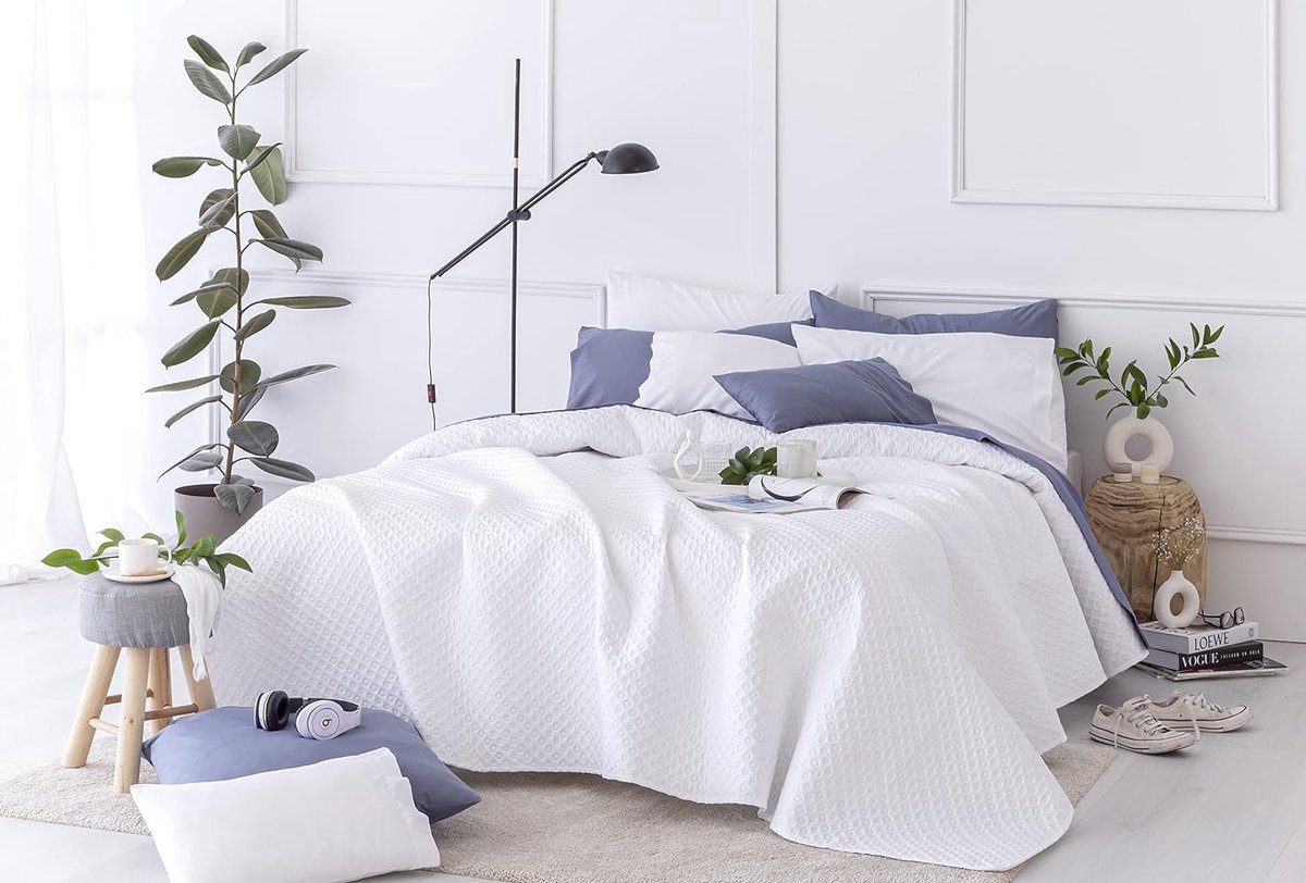 Sprei fijn gewatteerd piqué voor lente, zomer, herfst en winter 100% extra zacht microvezel multifunctioneel dekbed 105-200x260 cm wit