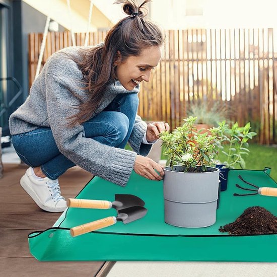 Lot de 2 tapis de plantation, 100 x 100 cm, tapis de jardin imperméable, tapis de plantation avec 3 pelles de jardin, gants et attaches pour plantes, tapis de plantation pliable pour rempotage, plantes succulentes, semis