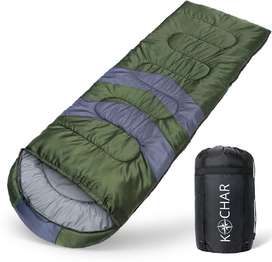 Foto: Kochar slaapzak 3 seizoenen slaapzakken voor volwassenen en kinderen met compressie draagtas ideaal voor kamperen outdoor survival groen