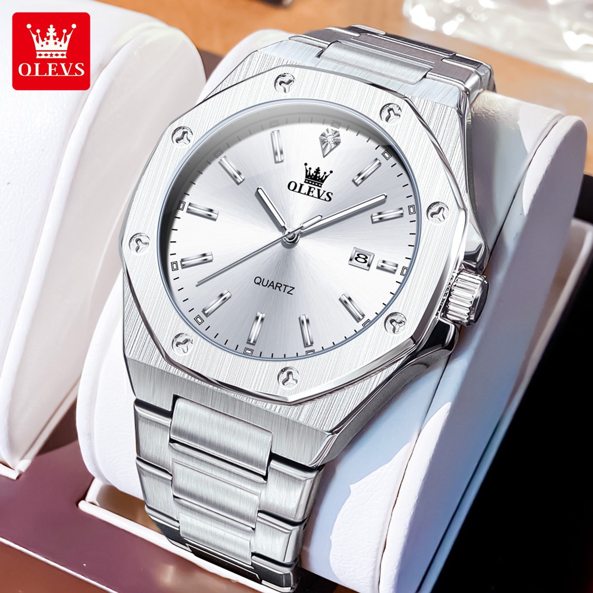 HO-3613.z : Olevs tijdloos 8 hoekig zilverkl edelstaal horloge, zilverwit wijzerplaat, dagaanduiding