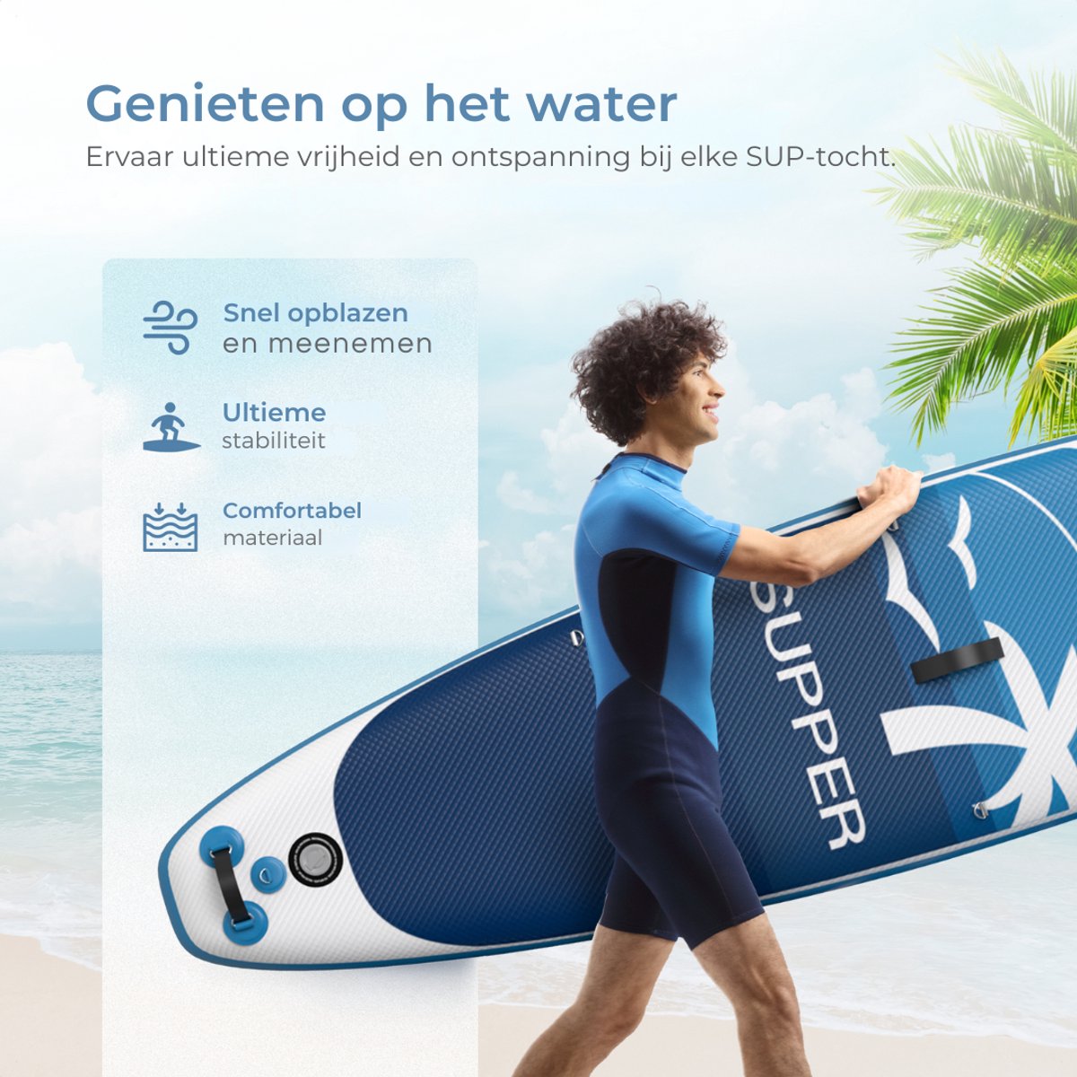 Supper Sup Board - Max. 120KG - Opblaasbaar – Paddle Board – Verstelbare Peddel – Pomp – Vin – Leash – Draagtas – 285 x 76 cm - Blauw – foto 7