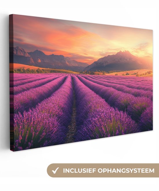 Canvas schilderij 90x60 cm - Exclusieve wanddecoratie Lavendelveld - Zonsondergang - Paars - Muurdecoratie woonkamer - Slaapkamer decoratie - Kamer accessoires - Schilderijen op canvas