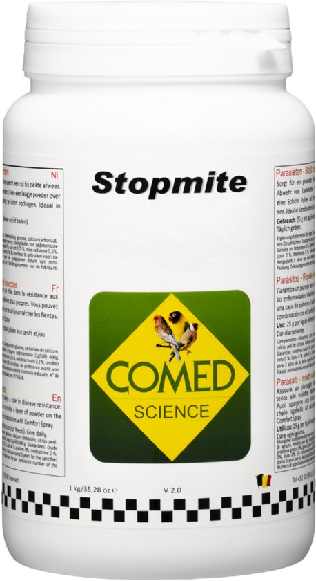 Stopmite pot met een geel-groen COMED SCIENCE logo, met 1kg aanduiding.