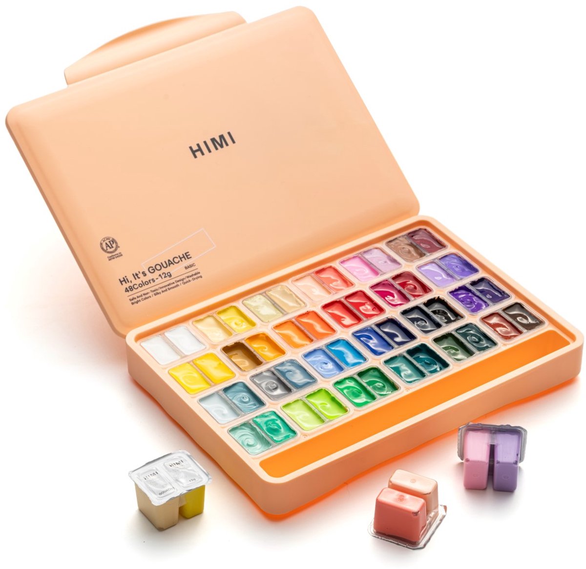 HIMI - Gouache - Twin split cups - set van 48 kleuren - 12g - 3 penselen - Peach Fuzz — afbeelding 2