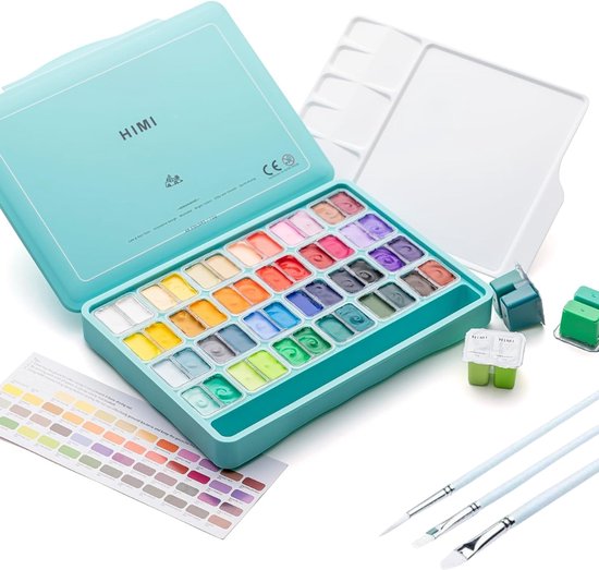 Turquoise HIMI gouache verfdoos met 48 kleuren, drie penselen, verfpalet en kleurenschema.
