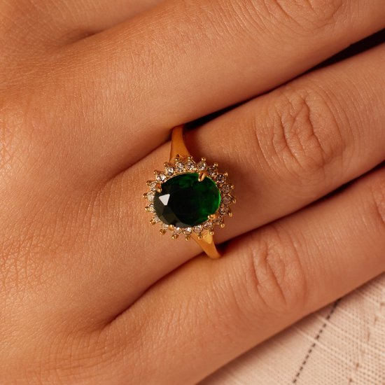 Lucardi Bague vintage femme en acier plaqué or avec zircone verte - Ring - Acier - Doré - 18 / 57 mm