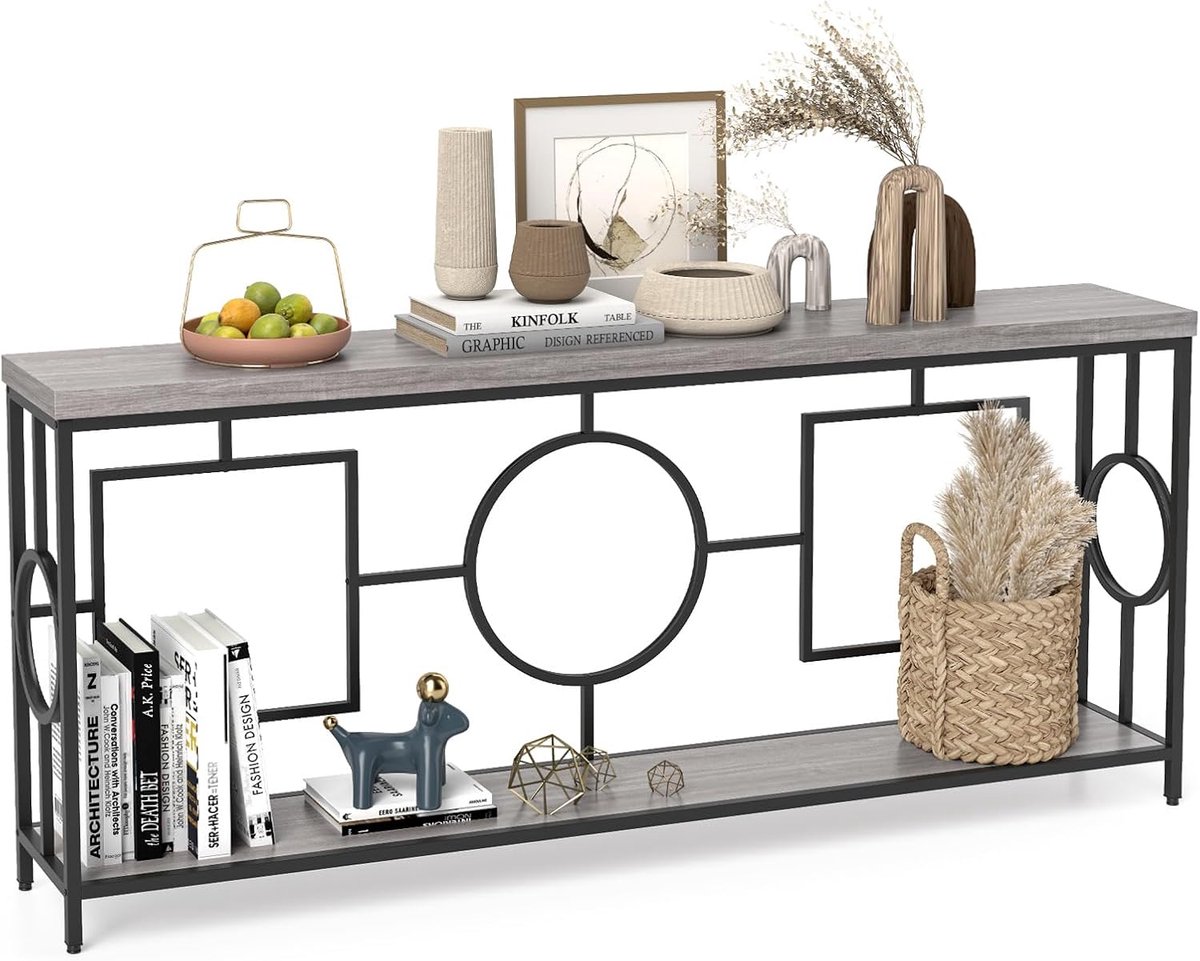 COSTWAY Vintage consoletafel 180 cm, haltafel met 2 niveaus, banktafel smal met metalen frame, entreetafel, hout, bijzettafel voor woonkamer, kantoor en entrée