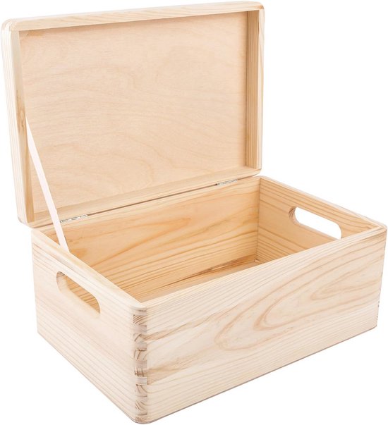 Houten opbergdoos met deksel en handgrepen - Schapenwolproducten
