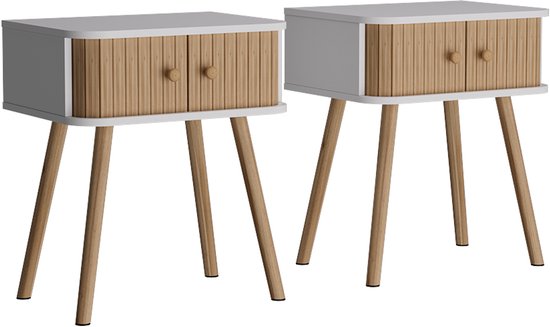 Vicco Germo Nachtkastje – Set van 2 Wit/bamboe